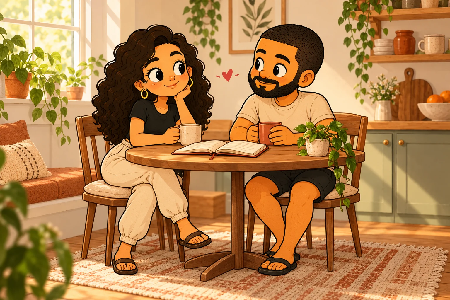 Os personagens do Nosso Ritmo conversam juntos à mesa de casa, com duas canecas e um caderno aberto