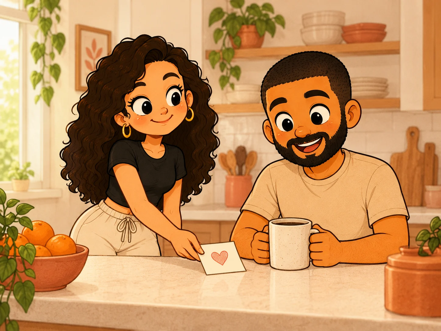 A personagem deixa um pequeno bilhete com um coração ao lado da caneca do personagem